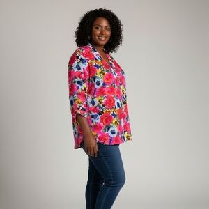 Investments Woman Floral Button Down Shirt - Pink, Blue, Yellow 2X